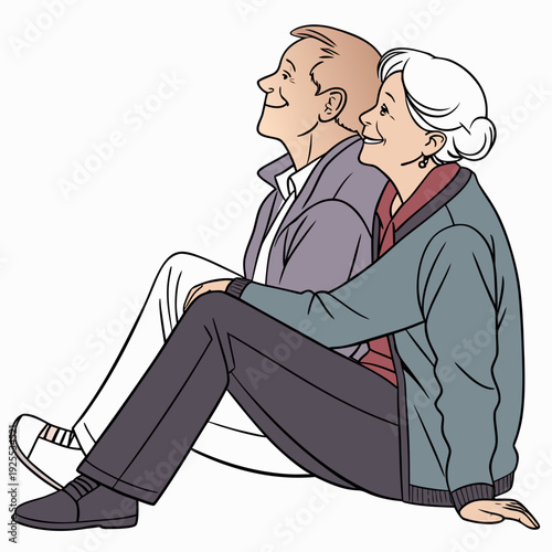 An elderly couple sitting on the ground