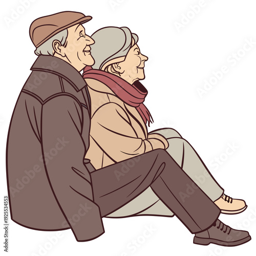 An elderly couple sitting together on the ground