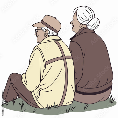 An elderly couple sitting on the grass