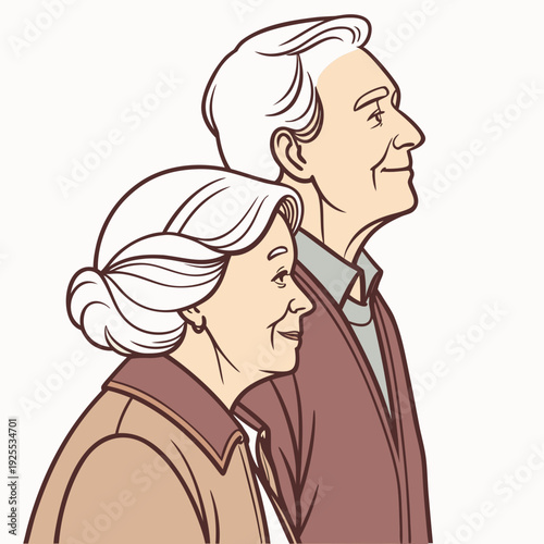 Elderly couple standing together looking ahead