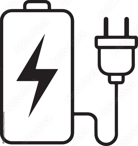 Battery charging with electric plug inserted, power-up detailed vector outline.