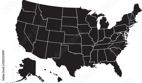 Wallpaper Mural Black and white usa map with state outlines isolated on transparent background, Vector, illustration Torontodigital.ca