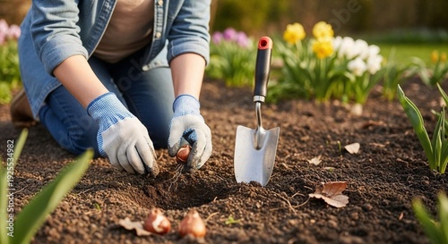 Woman gardening and planting bulbs in flower bed during spring  