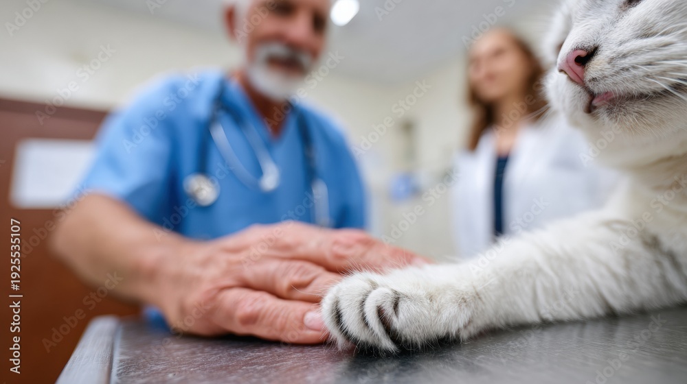 Obraz premium Veterinarian with cat and assistant in clinic exam room