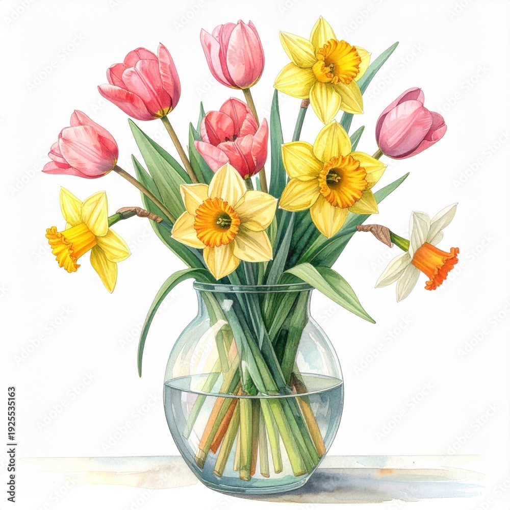 custom made wallpaper toronto digitalGlass Vase with Pink Tulips and Yellow Daffodils Still Life Painting