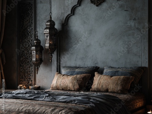 A bed with a blue and brown pillow and a lamp hanging above it