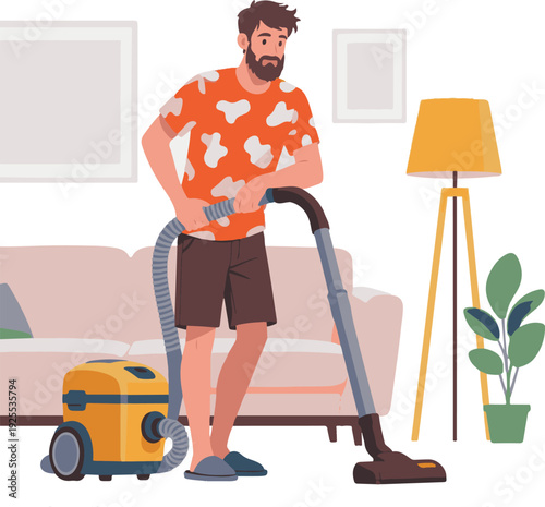 Bearded Man Vacuuming Living Room With Canister Vacuum Cleaner During Casual Home Cleaning Routine