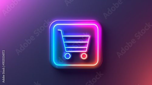 Futuristic neon shopping cart icon with a glowing square frame