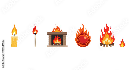 Colorful cartoon fire elements collection burning candle lit match fireplace bonfire and stylized flames.