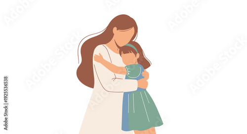 A woman with long brown hair wearing a white dress embraces a young girl in a green dress against a plain white background.