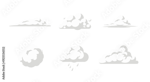Collection of six cartoonstyle clouds including fluffy flat and a raining cloud icon.