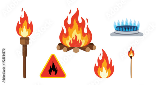 Colorful vector illustrations of fire and flames torch campfire gas burner warning sign and match.