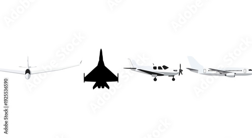 Diverse Aircraft Vector Illustrations White Glider Black Fighter Jet Propeller Plane Commercial Airliner Set.