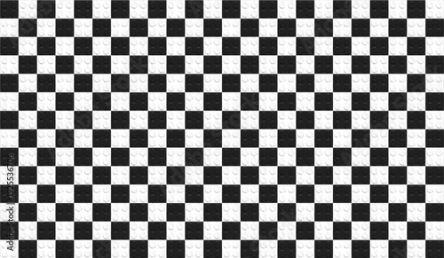 Checkered chessboard style background made with realistic black and white plastik constructor square blocks. Play and build concept. Vector illustration