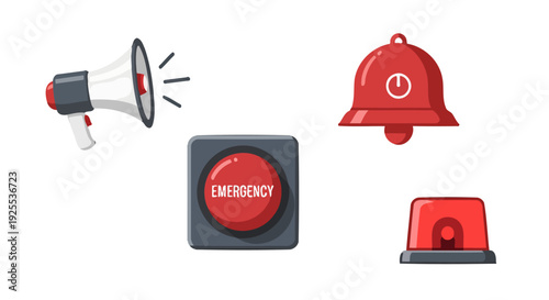 Flat design emergency and alert icons set megaphone button bell and siren light.