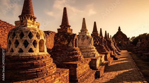 Ancient Buddhist Chedis in a Row at Golden Hour Warm Sunlight