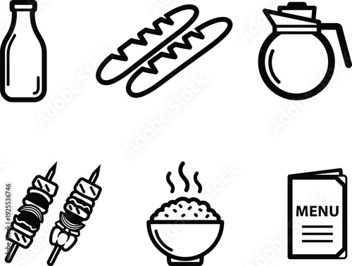Food and drink icons including bottle hot dog coffee pot skewers bowl menu