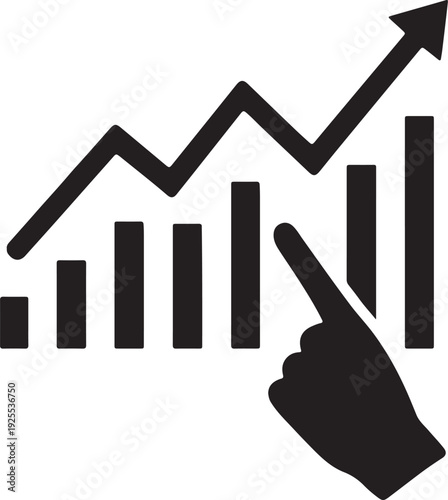 stock market chart spiking upward, trader hand pointing silhouette