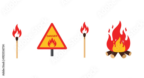 Flat design fire icons set featuring burning matchsticks a triangular danger sign and a warm campfire.