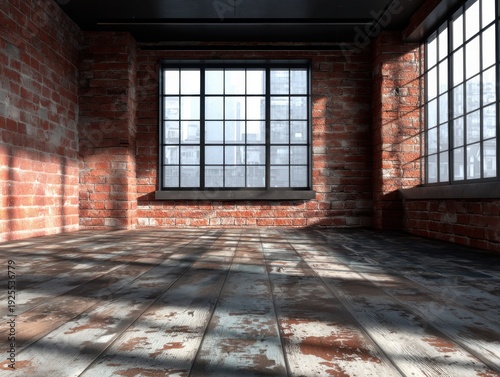 A room with a brick wall and a window