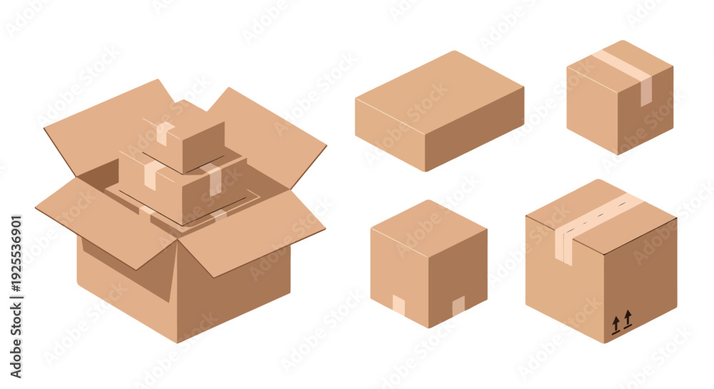 Fototapeta premium Isometric Cardboard Boxes Set Open Box with Nested Packages Closed Taped Parcels and Plain Brown Cartons.