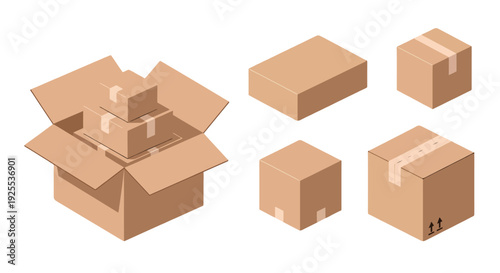 Isometric Cardboard Boxes Set Open Box with Nested Packages Closed Taped Parcels and Plain Brown Cartons.