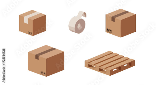 Isometric shipping and packaging supplies brown cardboard boxes tape and a wooden pallet.