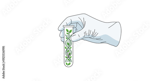 A hand wearing a white surgical glove holds a glass test tube containing a DNA double helix formed by green leaves on a white background.