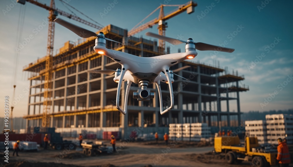 Naklejka premium Industrial drone flying above modern building construction site at sunset