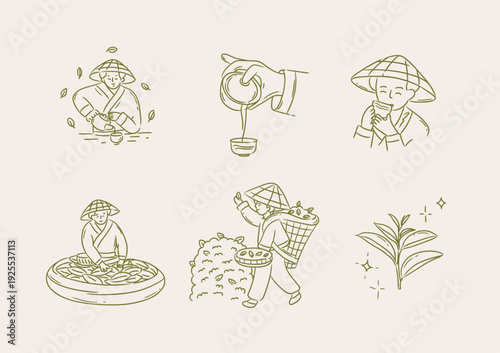 Tea collection with people harvesting prepare and drink hot beverage drawing in linear art style on light background