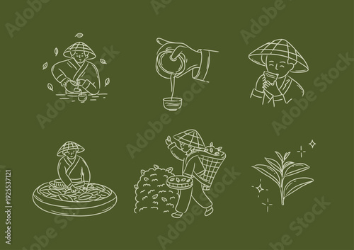 Tea collection with people harvesting prepare and drink hot beverage drawing in linear art style on green background