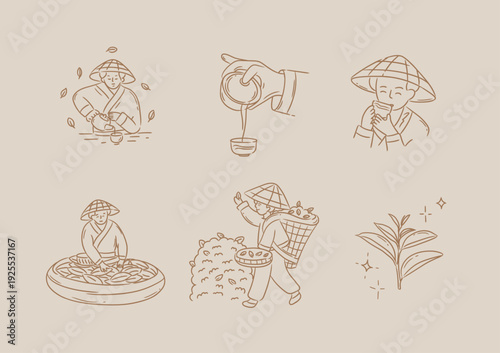 Tea collection with people harvesting prepare and drink hot beverage drawing in linear art style on beige background