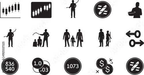 Black silhouette icons for finance and business white