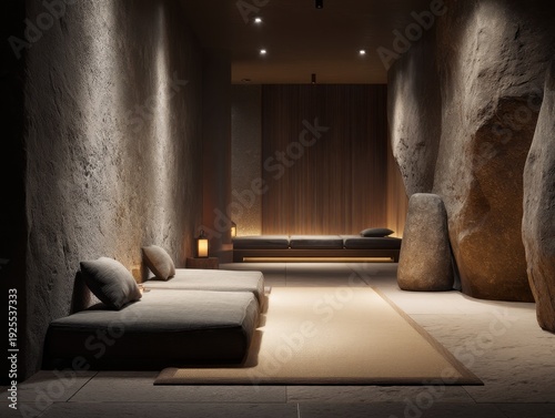 A room with a stone wall and a rug