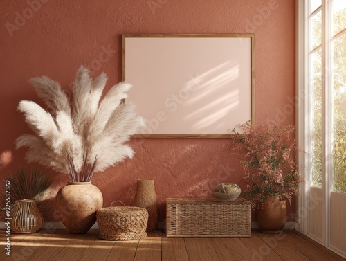 A room with a white wall and a brown frame