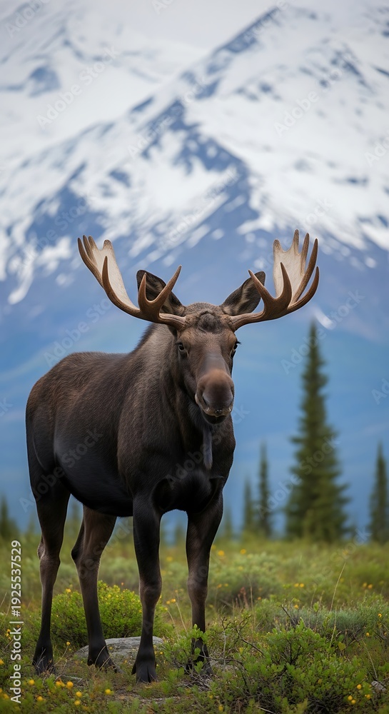 Obraz premium Moose portrait with snow mountain.