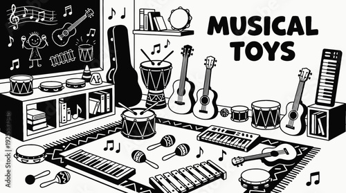 musical toys in a creative kids room representing artistic expression rhythm learning sound exploration and creative development