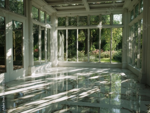 A large room with a lot of windows and a white floor