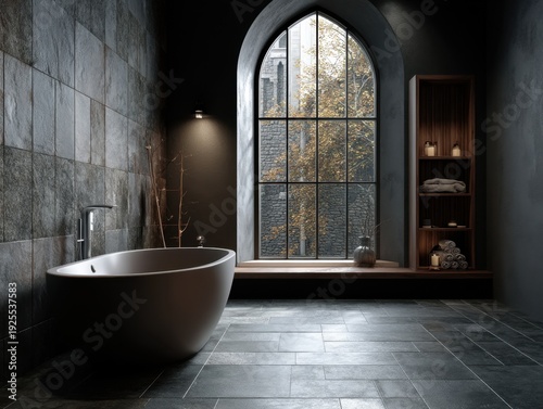 A large bathtub is in a bathroom with a window
