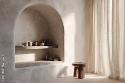 A small archway with a shelf and a stool in front of it