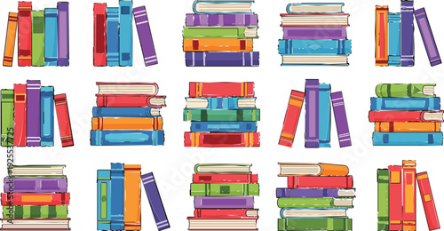 Colorful Stacked Books in Various Designs for Education, Reading, and Study Purposes"