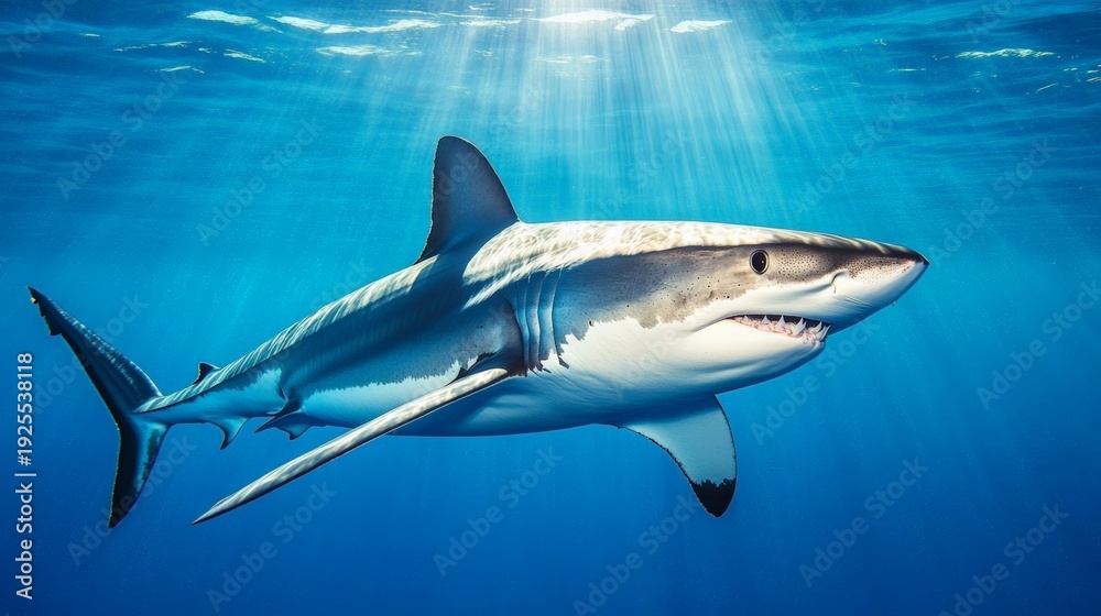 Fototapeta premium Majestic oceanic whitetip shark gracefully navigating the deep blue ocean, sunlight filtering through the surface, creating a captivating underwater scene
