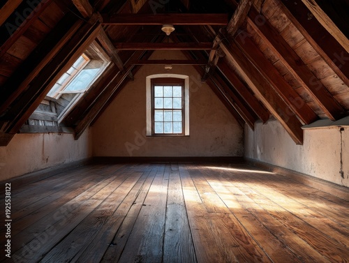 A large room with a window and a skylight