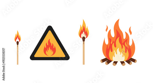 Vibrant Flat Design Fire Icons Lit Matchsticks Warning Sign and Campfire Illustration.