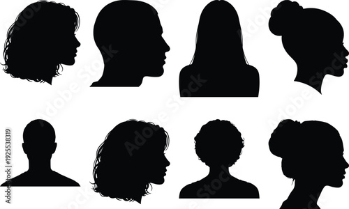 Silhouettes of diverse hairstyles and head profiles in black and white
