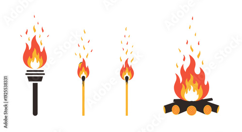 Vibrant flat design fire icons set featuring a burning torch two matches and a warm campfire with red and yellow flames.