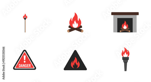 Vibrant flat design fire icons set matchstick campfire fireplace danger warning signs and burning torch.
