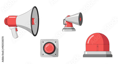 Vibrant red and gray alert devices handheld megaphone mounted speaker push button and dome siren illustration.