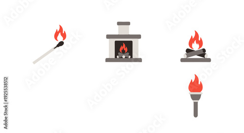 Collection of Flat Design Fire Icons Burning Match Fireplace Campfire and Torch Illustrations.