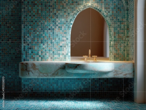 A bathroom with a blue tile wall and a blue sink